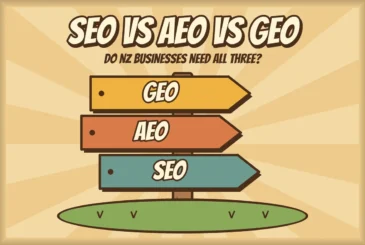 Cartoon signpost with three arrows labelled SEO, AEO and GEO, all pointing the same direction