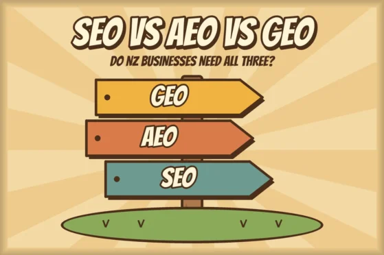 Cartoon signpost with three arrows labelled SEO, AEO and GEO, all pointing the same direction